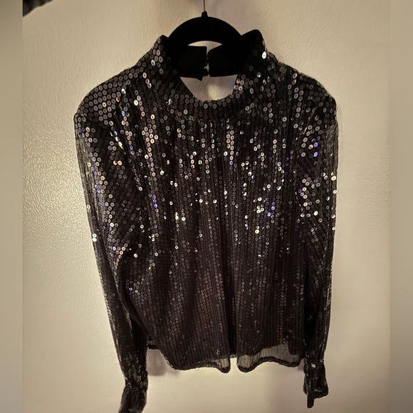 NWOT 1. STATE Sequin Mesh Sheer Illusion Ruched Blouse Size Large - Picture 5 of 10